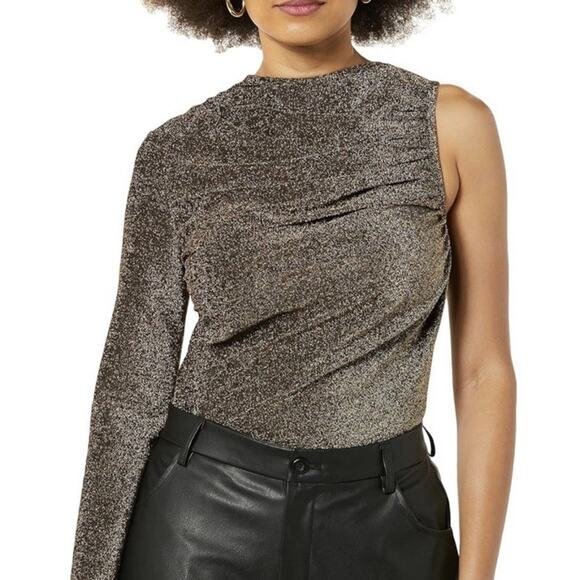 TEREA By Andrea Pitter Emiliana Gold One Shoulder Metallic Ruched Top Medium - Picture 1 of 8